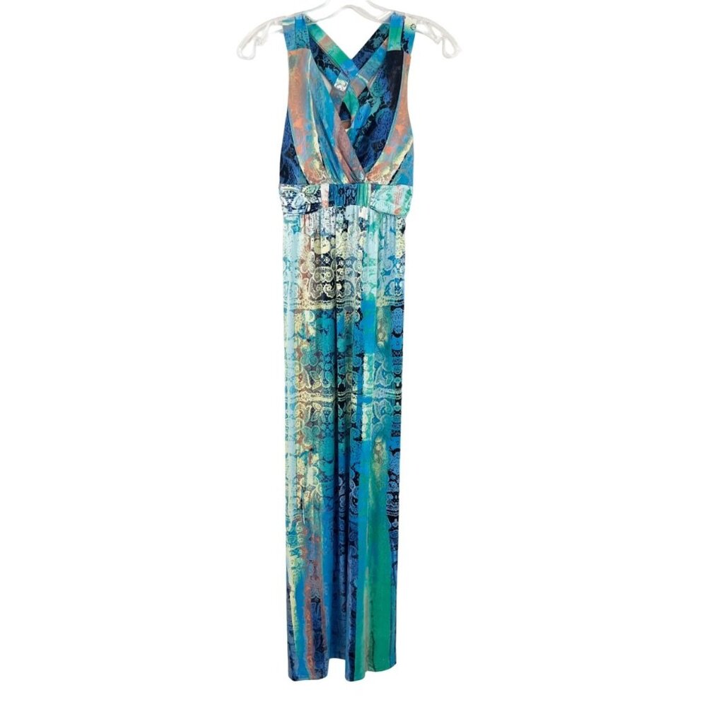 Soma Blue Green Lace‎ Artsy Print Maxi Dress Padded Lounge Casual Size XS